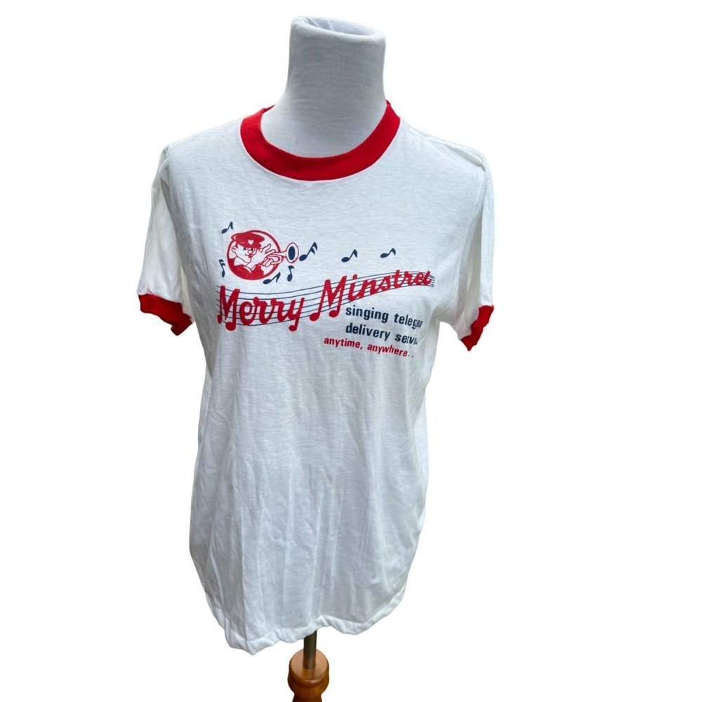 Vintage 80's Merry Minstrel Telegram Service White T Shirt Size M